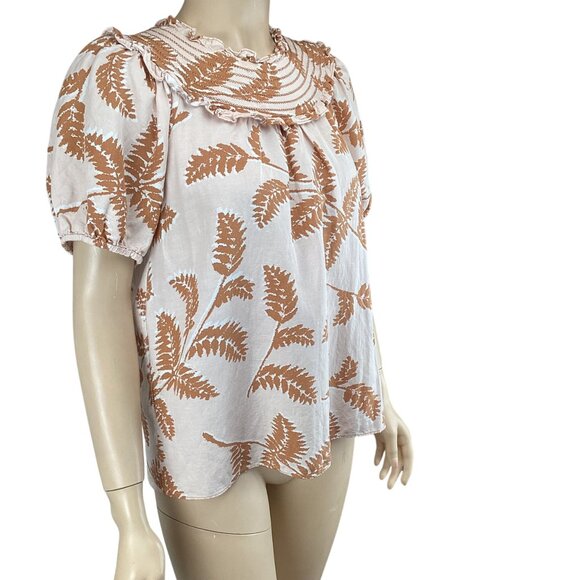 Current Air Anthropologie Womens Top Size XS XSmall Smocked Collar Tan Botanical - Picture 5 of 8